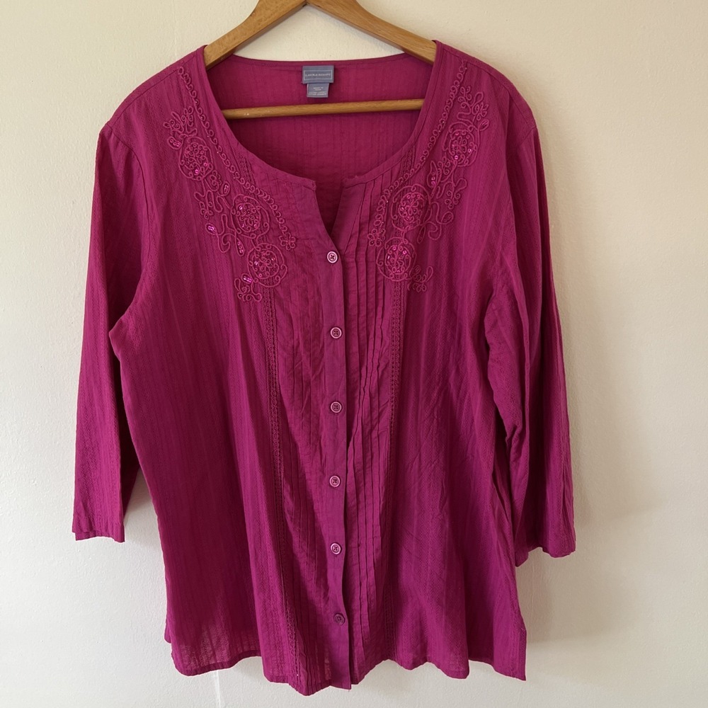 Laura Scott Boho Top Size Extra Large Pink Embroidered Peasant Button Up 3/4 - Picture 5 of 14